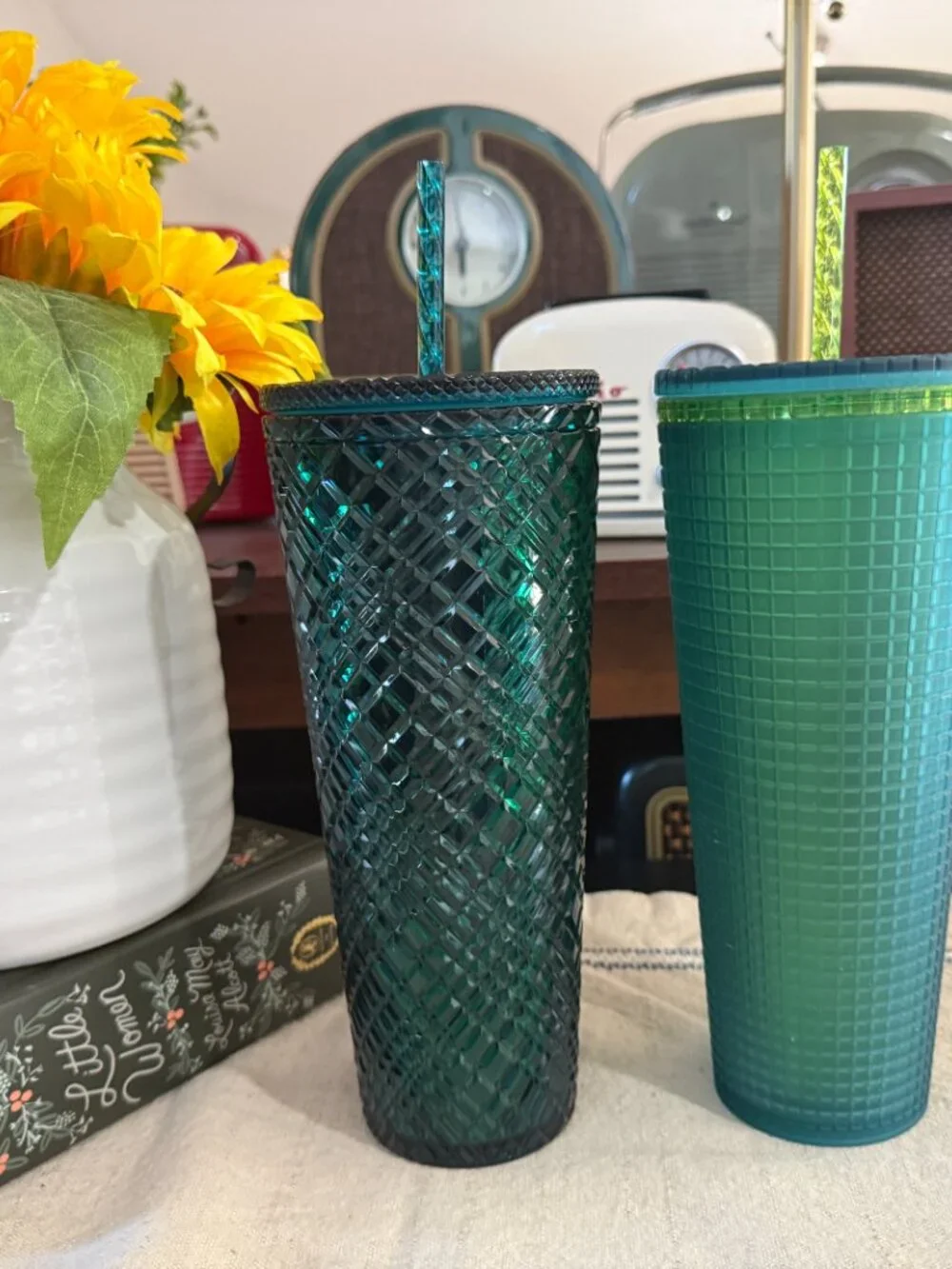 Starbucks Teal and emerald Green Textured Cold Cups with Straws Set of 2